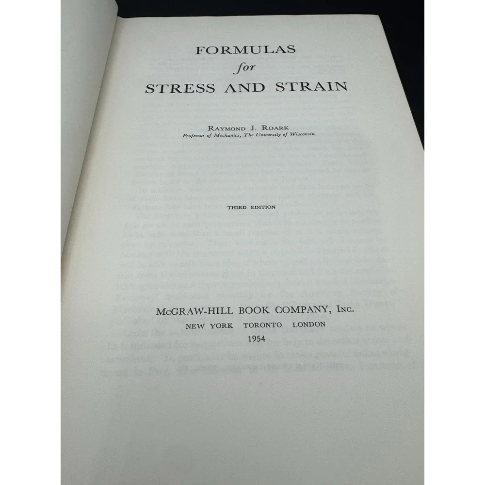 Formulas for Stress and Strain Raymond J Roark 1954 3rd Ed Engineering Hardcover